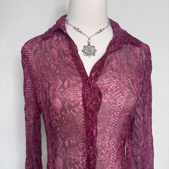 Vintage 90s TRIO Silk Fuchsia Snakeskin Button Front Sheer Midi Fairy Goth 4 - Picture 2 of 6